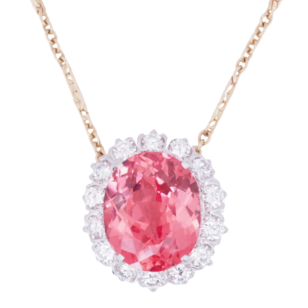Edwardian 7.19ctw Pink Tourmaline Halo Necklace 14K