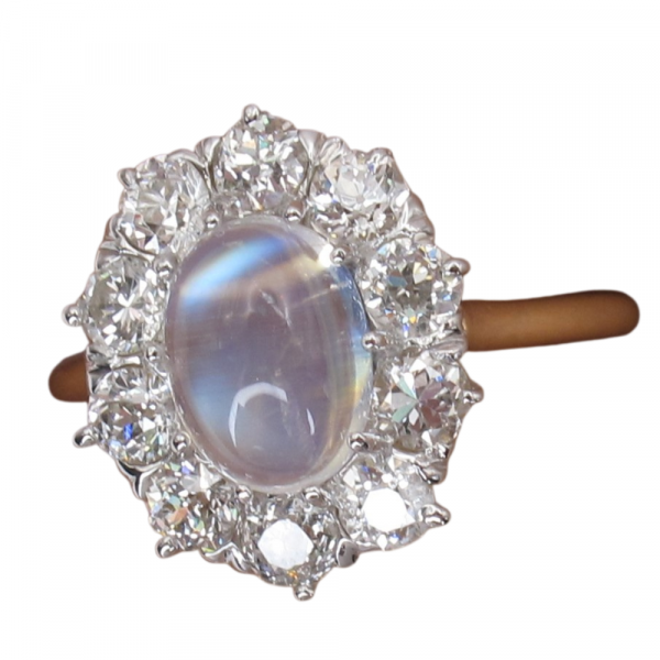 Edwardian diamond Moonstone Diamond Halo Ring Blue Flash 2