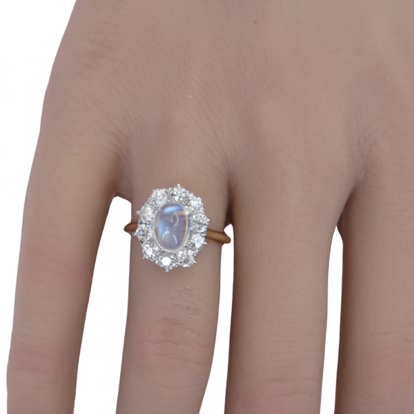 Edwardian diamond Moonstone Diamond Halo Ring Hand