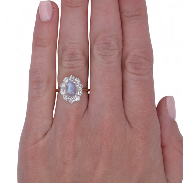 Edwardian diamond Moonstone Diamond Halo Ring Worn