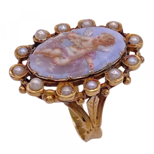 Georgian Miniature Painting Cherub Putti Pearl Halo Ring 18K (2)