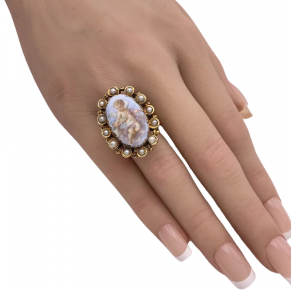 Georgian Miniature Painting Cherub Putti Pearl Halo Ring 18K (3)