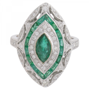 Inspired Art Deco Emerald Diamond Halo Ring White Gold