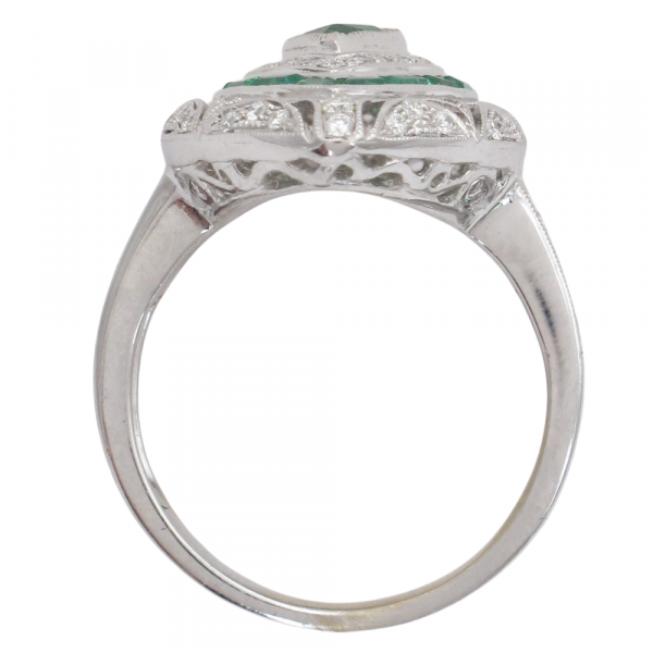 Inspired Art Deco Emerald Diamond Halo Ring White Gold Profile
