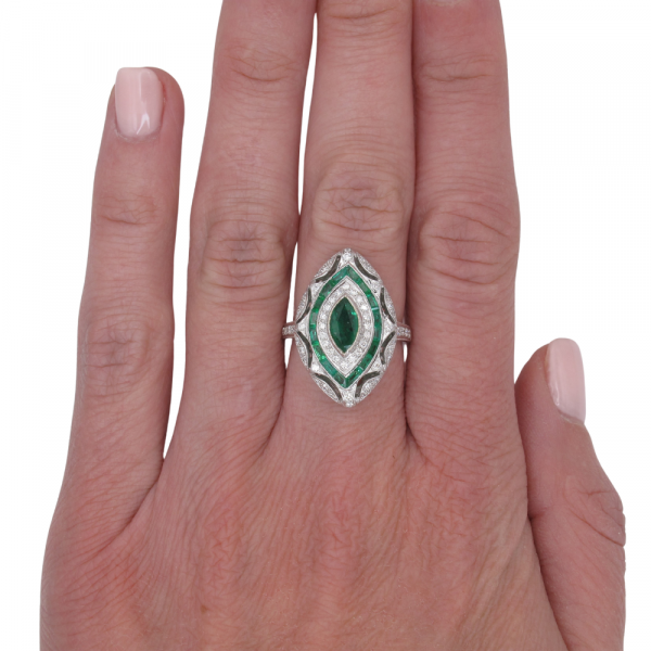 Inspired Art Deco Emerald Diamond Halo Ring White Gold Worn