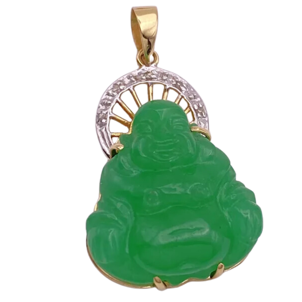 Laughing Buddha  Apple Green Jade Pendant 14K