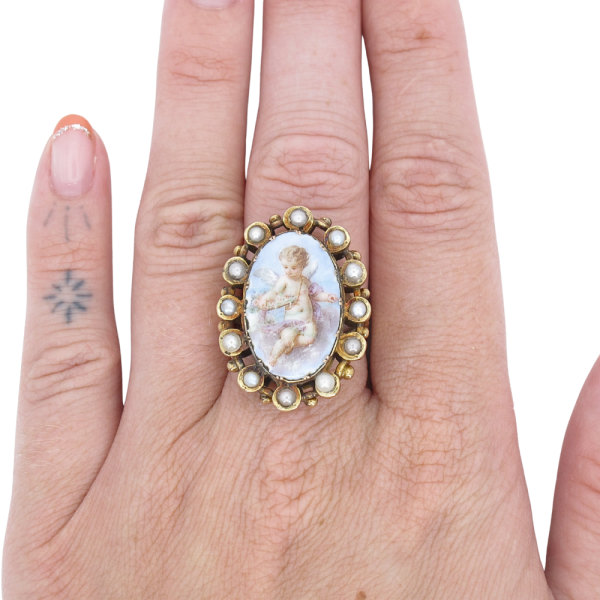Miniature Painting Cherub Putti Pearl Halo Georgian Ring 18K worn