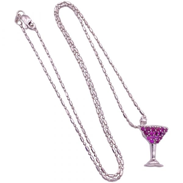 Ruby Cosmopolitan Martini Pendant Necklace 14K White Gold Full