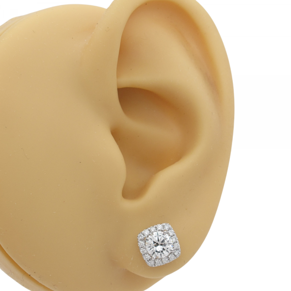1.15 Diamond Round Cushion Halo Stud Earrings White Gold Worn