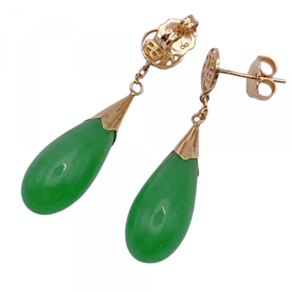 Apple Green Jade Good Fortune Kanji Earrings 14K (1)