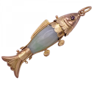 Articulated Jade Fish Pendant Charm 14K