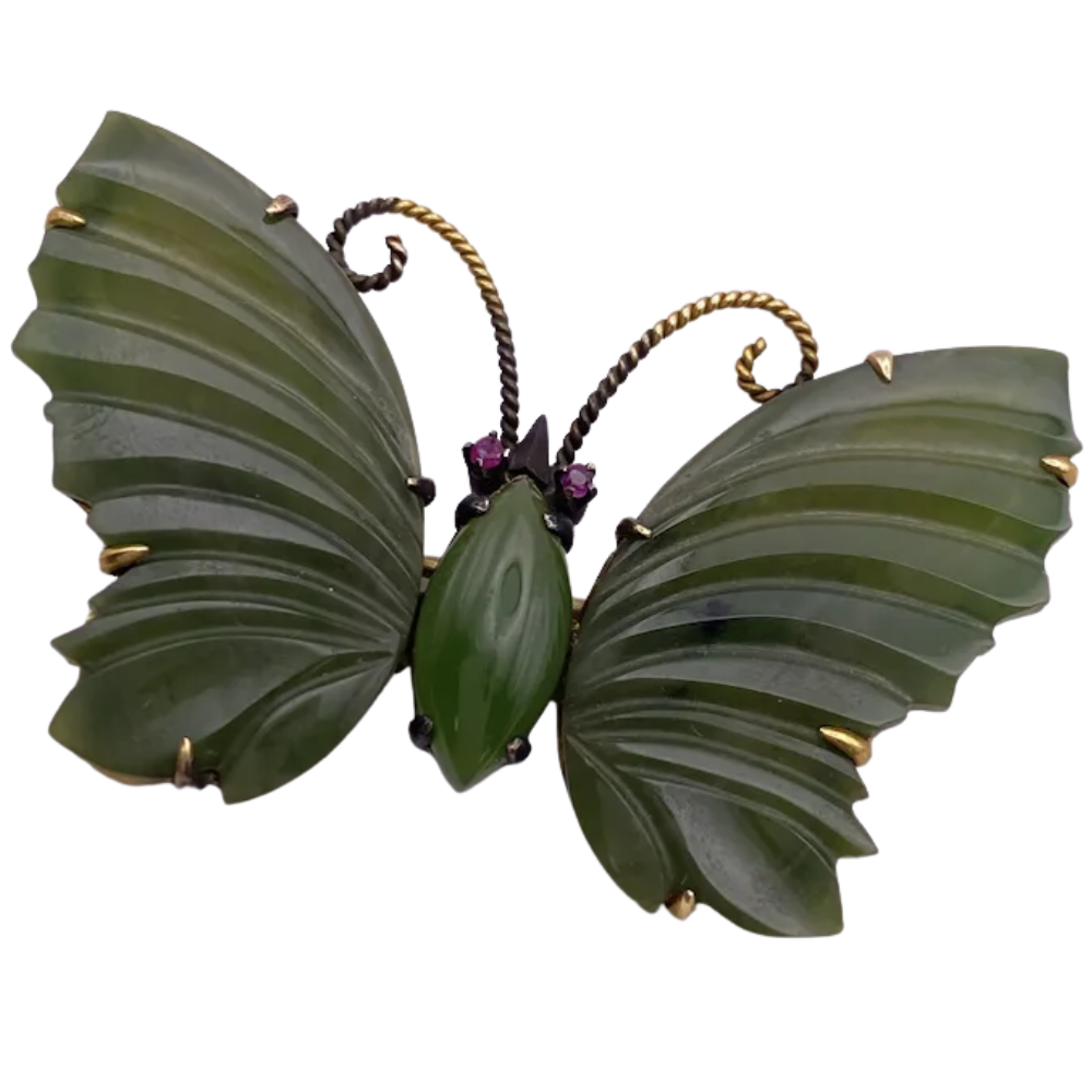 Carved Jade Butterfly Brooch Pin 14K
