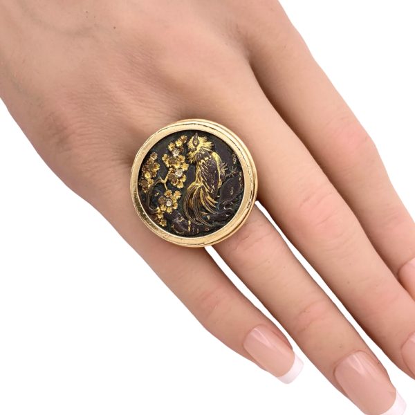 Japanese Shakudo Rooster Ring Meiji Period 14K Gold worn