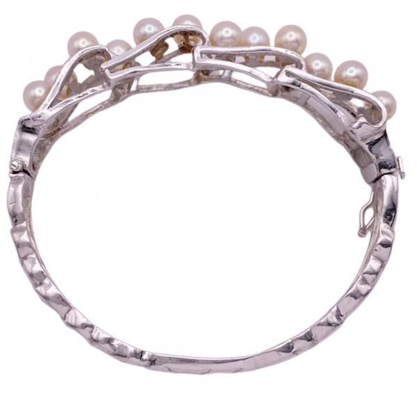 Mid-Century Pearl & Diamond Platinum Bangle Bracelet (1)