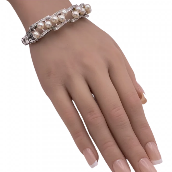 Mid-Century Pearl & Diamond Platinum Bangle Bracelet