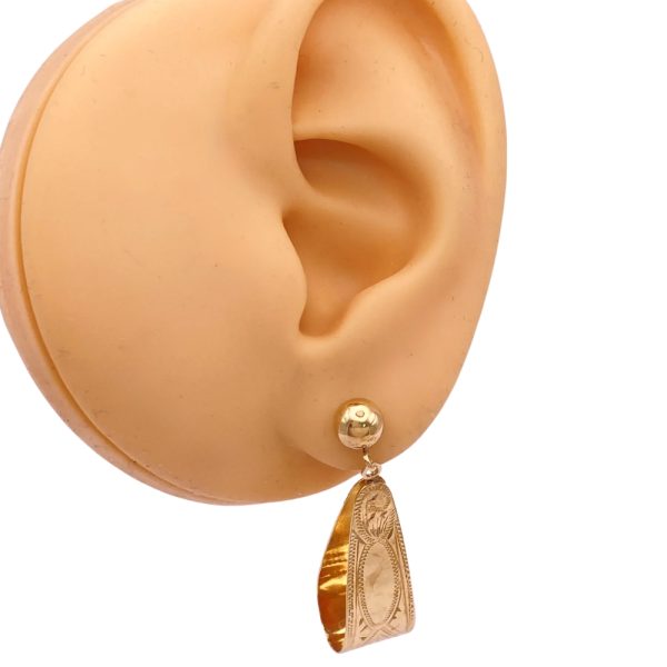 Ornate Engraved Dangle Earrings 14K Gold worn