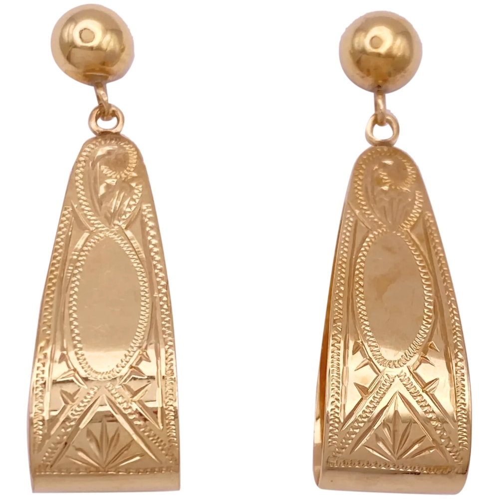 Ornate Engraved Dangle Earrings 14K Gold