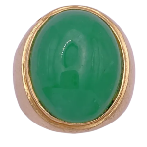 Oval Apple Green Jade Cabochon Men's Ring 14K