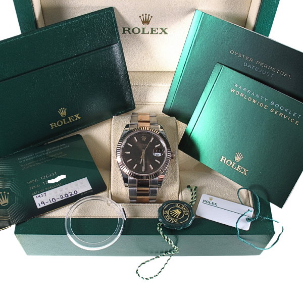 Pre-owned Rolex 41MM Rose Gold And Stainless Steel Datejust (2020) Model 126331 b and p inside