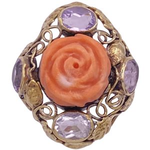 Victorian Carved Coral Rose & Amethyst Ring 14K Gold