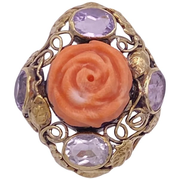 Victorian Carved Coral Rose & Amethyst Ring 14K Gold