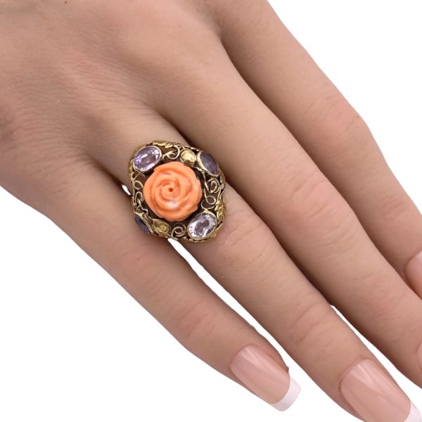 Victorian Carved Coral Rose & Amethyst Ring 14K Gold worn