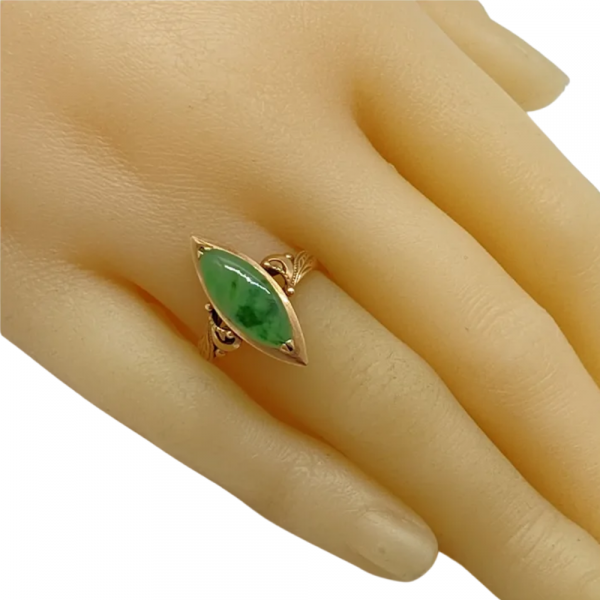 Victorian Green Jade Navette Ring 14K