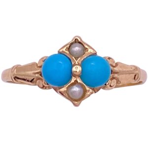 Victorian Persian Turquoise & Seed Pearl Ring 14K Gold