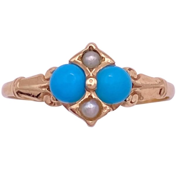 Victorian Persian Turquoise & Seed Pearl Ring 14K Gold