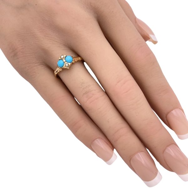 Victorian Persian Turquoise & Seed Pearl Ring 14K Gold worn