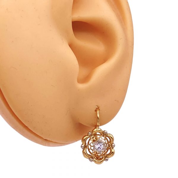 White Spinel Ornate Drop Earrings 18K Gold worn