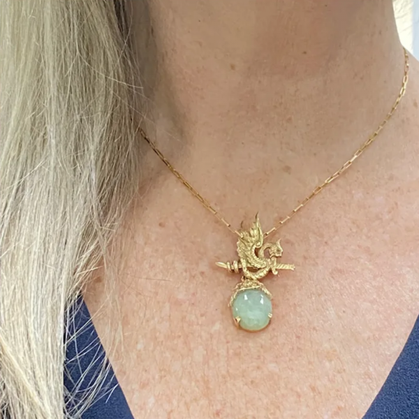 Winged Dragon Jade Pendant Brooch 14K (1)