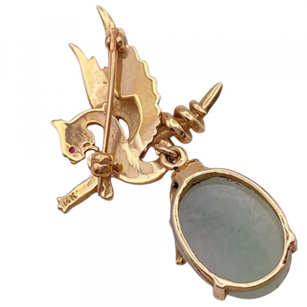 Winged Dragon Jade Pendant Brooch 14K