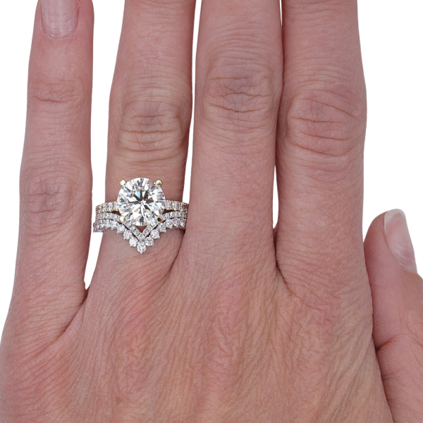 0.56ctw Diamond Double Chevron Band Ring 14K Gold worn with engagement ring