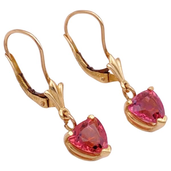 2.96ctw Trillion Pink Tourmaline Dangle Earrings 14K Gold side