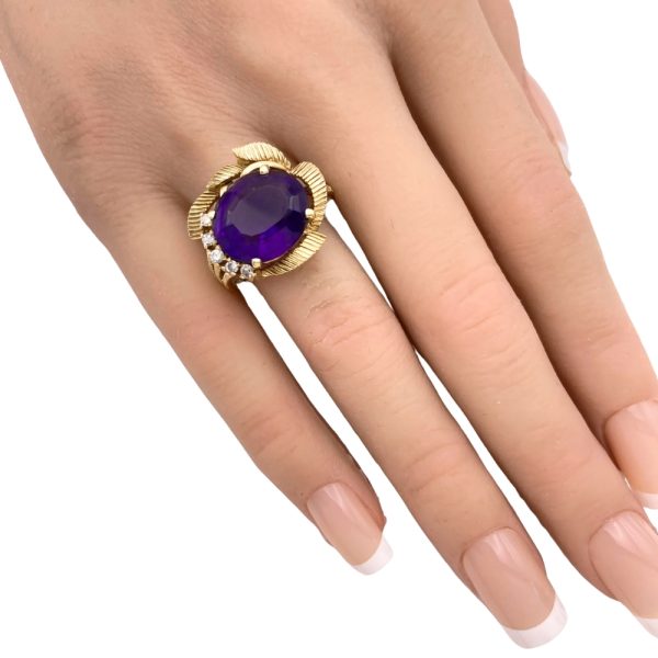 7.34ctw Amethyst & Diamond Vintage Ring 14K Gold worn