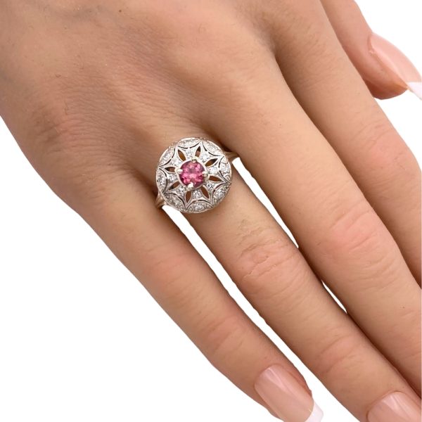 Art Deco 0.84ctw Pink Tourmaline & Diamond Ring Palladium worn
