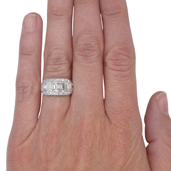 Art Deco Emerald Cut Diamond East to West Frame Ring Platinum worn