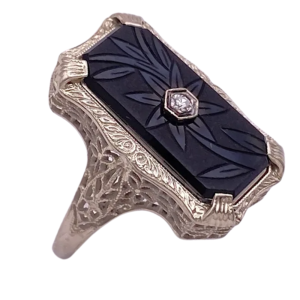 Art Deco Ring with Floral Etched Onyx 14K (1)