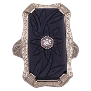 Art Deco Ring with Floral Etched Onyx 14K (2)