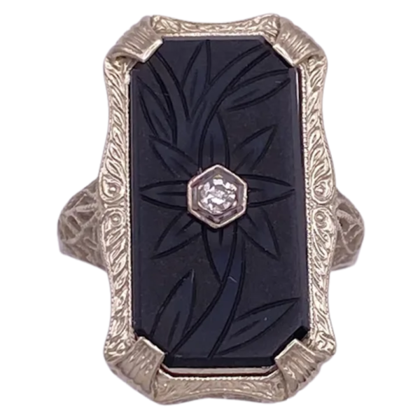 Art Deco Ring with Floral Etched Onyx 14K (2)