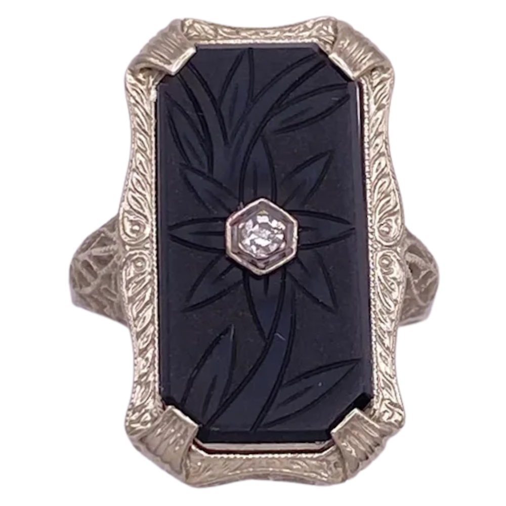 Art Deco Ring with Floral Etched Onyx 14K