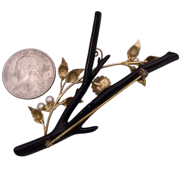 Black Coral Floral Motif Pearl Brooch 14K (1)