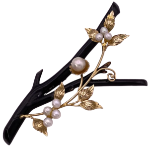 Black Coral Floral Motif Pearl Brooch 14K (2)