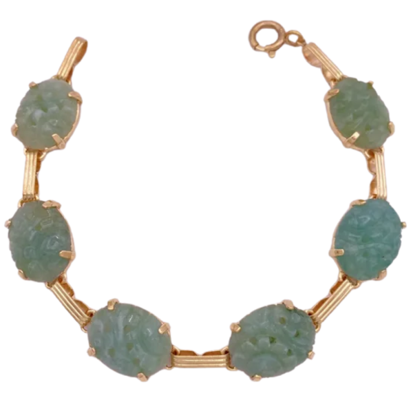 C. 1930-40's Floral Carved Jade Bracelet 14K