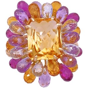 Citrine & Briolette Gemstone Framed Ring 14K Gold