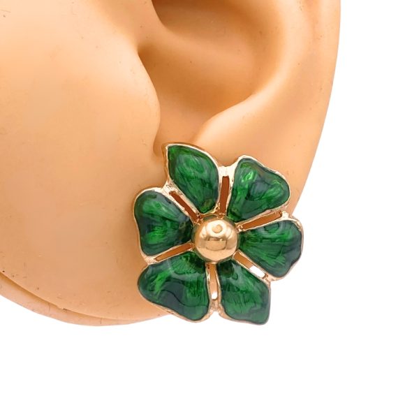 Green Enamel Flower Earring Jackets 14K Gold with gold ball studs