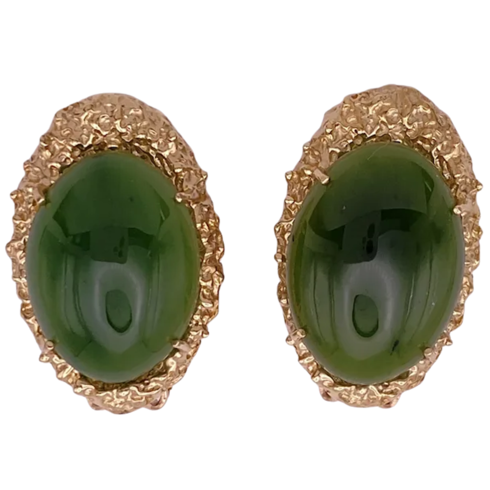 Jade with Gold Detailed Frame Clip-On Earring 14K