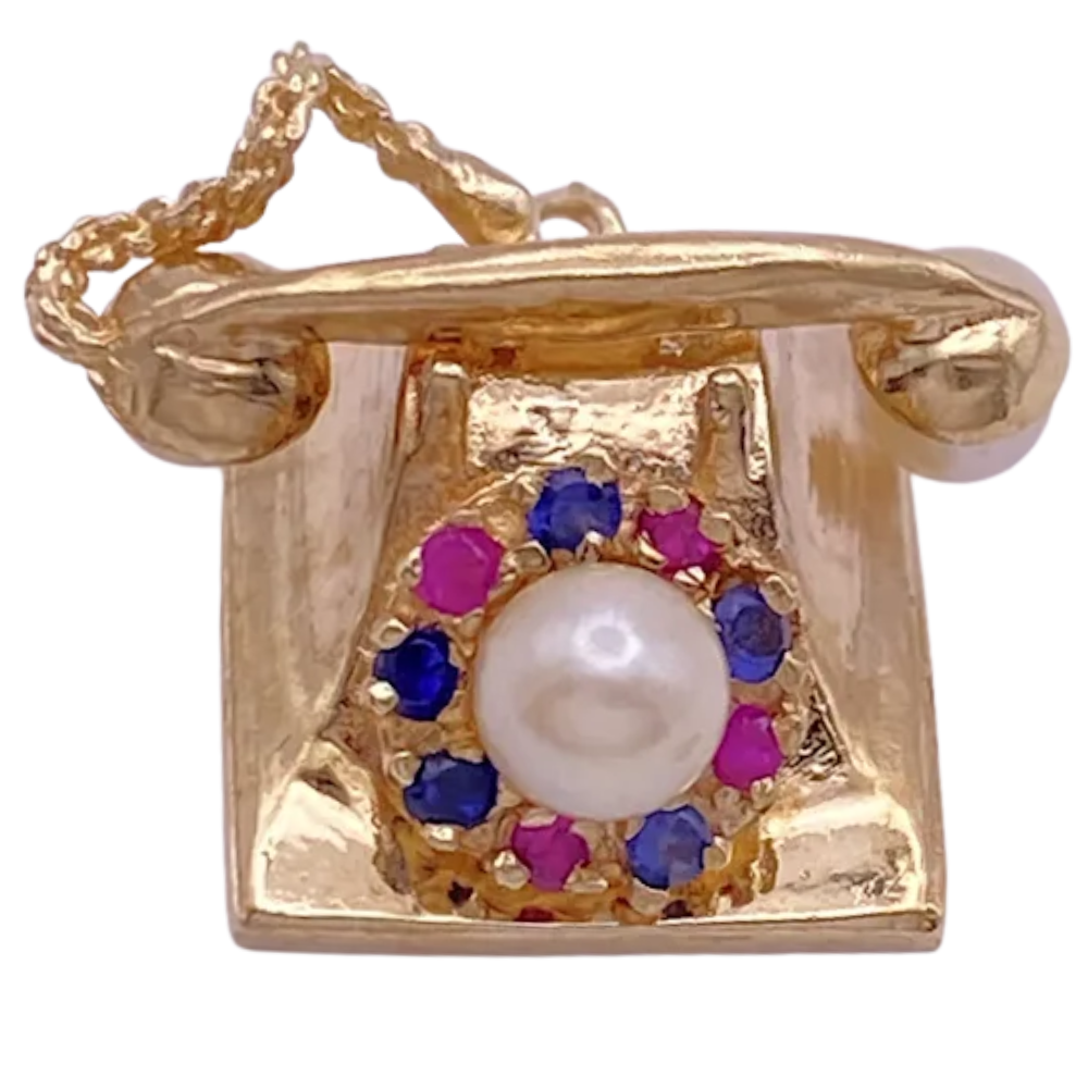 Moving Jeweled 3D Telephone Charm 14K