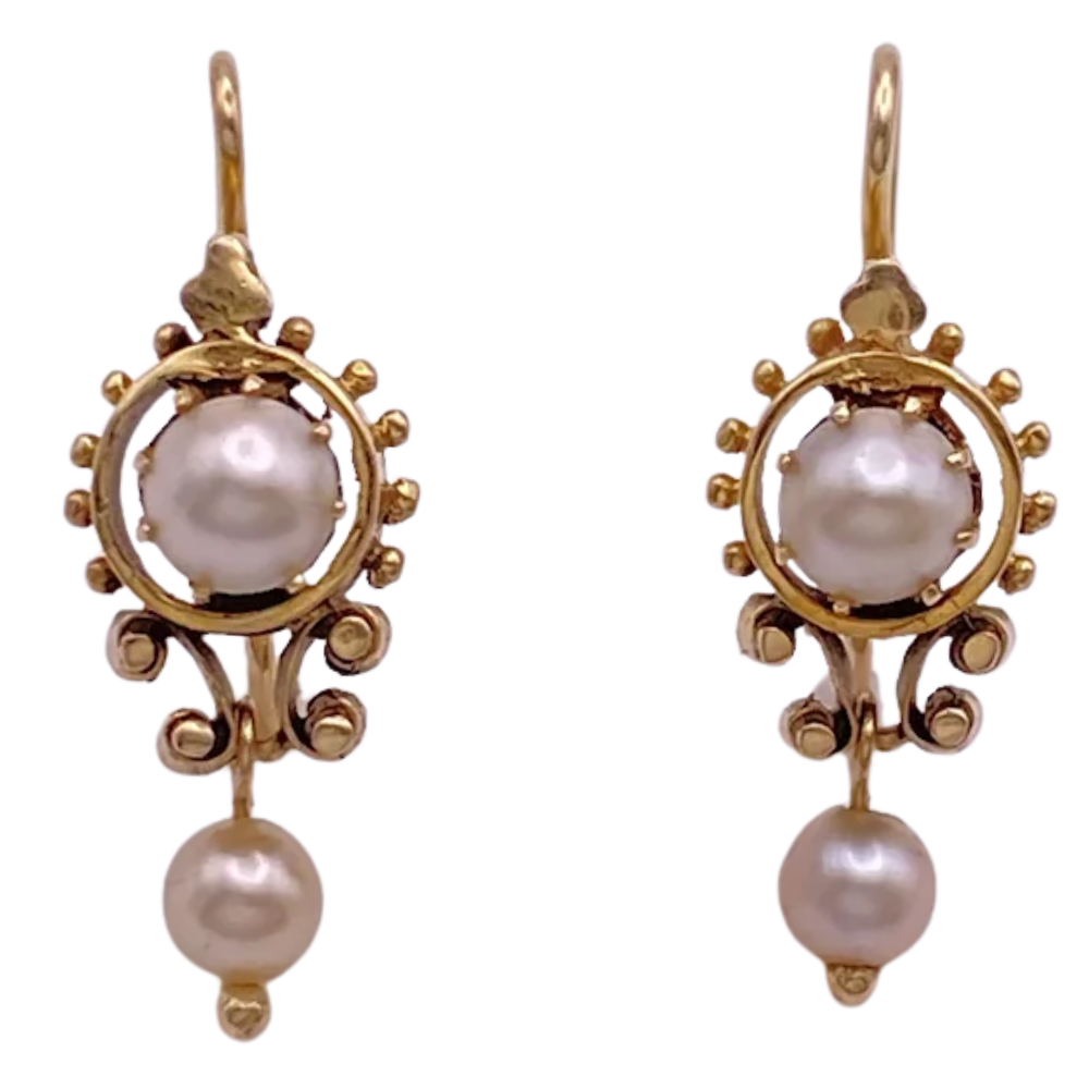 Victorian Revival Eastlake Pearl Dangle Earrings 14K